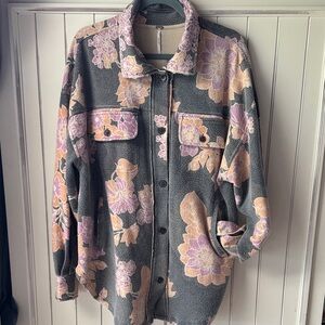 Free People Gray Teddy Shacket with Pink & Peach Floral Print